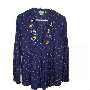 Anthropologie Vanessa Virginia Jeweled Button Front Blouse Blue Size 14.